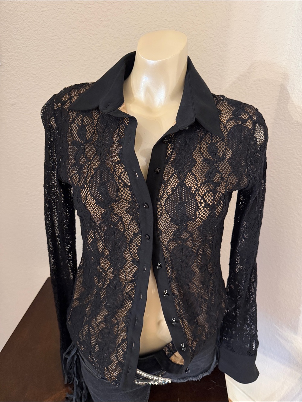 Anne Fontaine Black Lace Button-Up Blouse